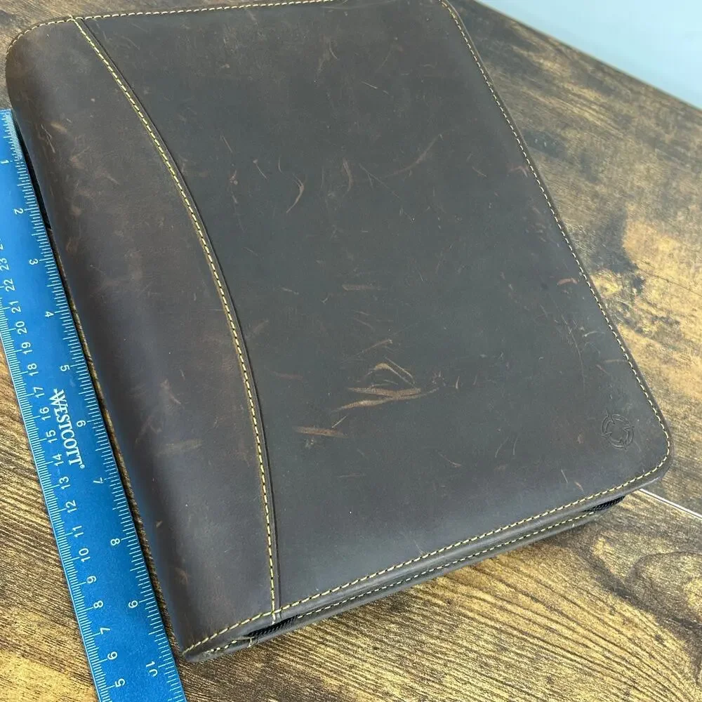 Vintage Franklin Covey 7 Ring Full Grain Leather Classic Brown Zip Planner USA
